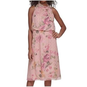 Jessica Howard Floral Chiffon Midi Dress Bow Neck Sleeveless Pink Size 16 NWT